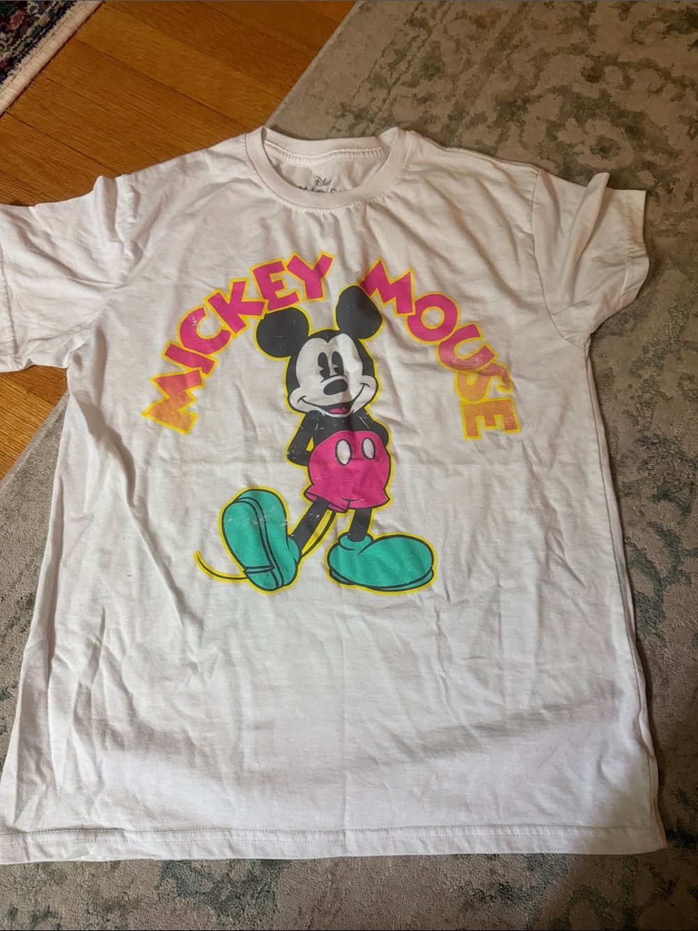 Disney White Mickey Mouse Graphic Tee with Pink & Teal Accents